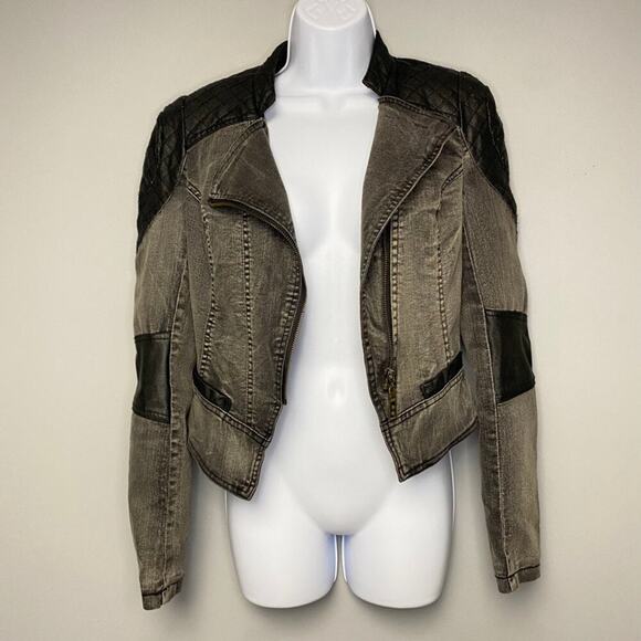 VTG Boom Boom Jeans Vegan Leather Quilted Black Denim Jacket Womens Sz S - Picture 1 of 8